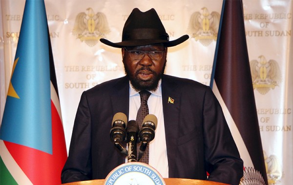 South Sudan's President Salva Kiir addresses the nation during an independence day event at the Presidential palace in Juba